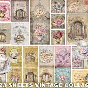 Vintage Collage, Printable Junk journal kit, scrapbook supplies, 23 sheets, tags, cards, digital, shabby chic, antique, tear paper, ephemera