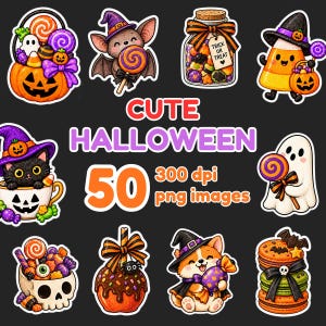 May include: A collection of Halloween-themed digital stickers featuring a pumpkin bucket, a bat with a lollipop, a candy jar labeled Trick or Treat, a candy corn character, a cat in a mug, a ghost, a skull bowl, a caramel apple, a dog, and macarons.