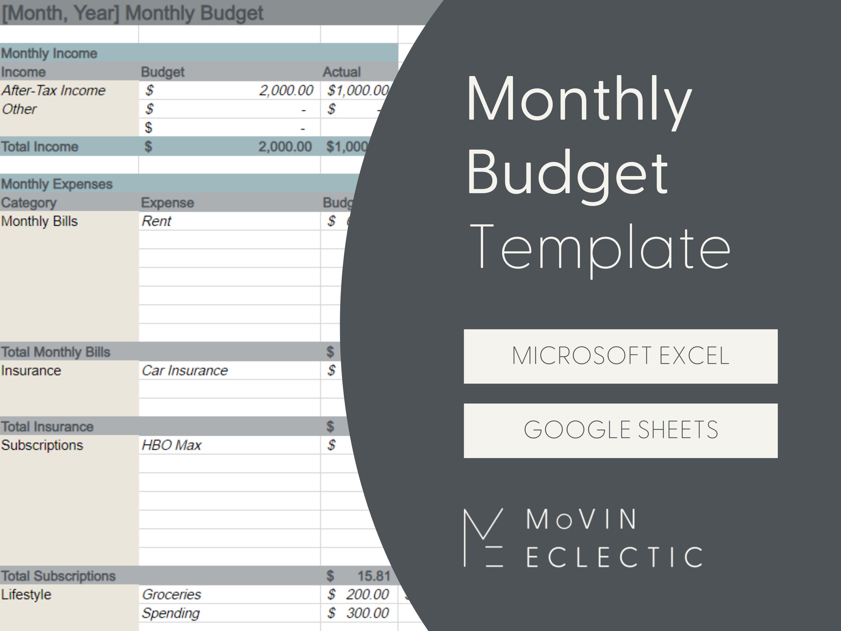 Monthly Budget Template microsoft Excel Google Sheets Version Etsy