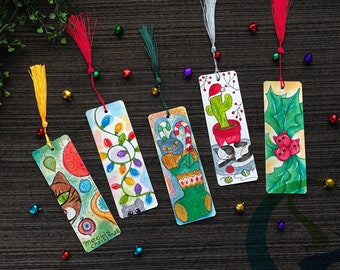 Watercolor Hand Painted Christmas Bookmark, Christmas Cats | gift for cat lover | colorful bookmarks | Christmas ornaments and lights
