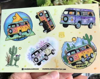 Minivan Vinyl Sticker Sheet | camping trip | hippie van | vintage camping | Arizona cactus and desert | gypsy hobo stickers