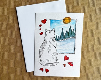 Hand painted watercolor card for cat lovers with winter landscape, nostalgic cat looking out the window.