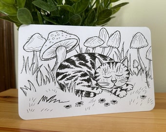 Hand illustrated postcard of cat lying near mushrooms | cute cat sleeping in plants | gift for cat lover