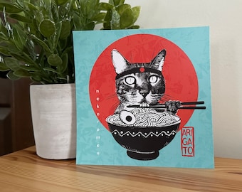 Square postcard Cat eating a ramen bowl - Neko Ramen Arigato