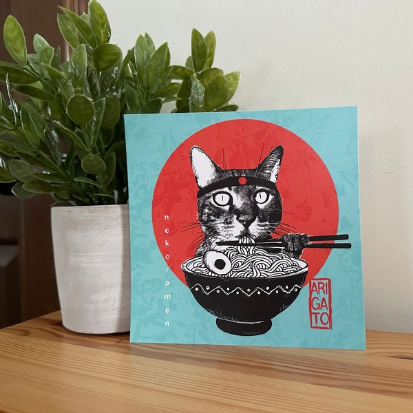 Carte postale carrée Chat qui mange un bol de ramens - Neko Ramen Arigato