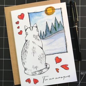 Carte de souhait chat devant paysage hivernal | Tu me manques | carte Saint-Valentin français | amoureux de chats | amour | chat nostalgique