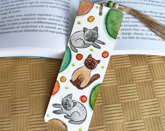 Hand Painted Watercolor Bookmark, Gray and Brown Siamese Cats | gift for cat lover | seal point and blue point cat