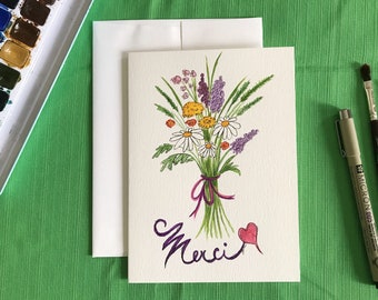 THANK YOU ! Hand Painted Watercolor Thank You Card | wildflower bouquet | daisy, lilac, dandelions | handmade card | summer vibes