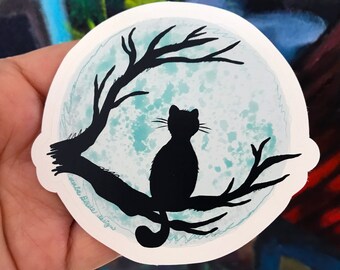 Full Moon Cat Vinyl Sticker | gift for cat lover | gift for her | halloween black cat | witch cat | blue sticker | full moon vibes