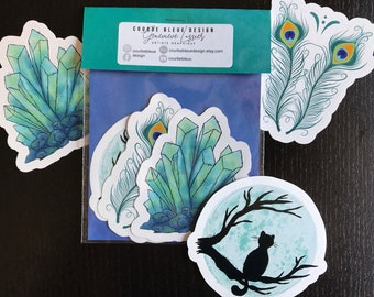 Pack of 3 Vinyl Stickers blue aesthetic | cat in the moon | peacock feathers | crystal cats | witchy cat mom