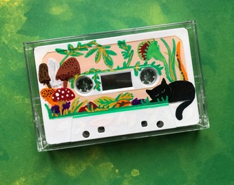 Hand painted cassette, plants and black cat | mushrooms, carnivorous plant, fall foliage | Vintage Music Cassette | recycled