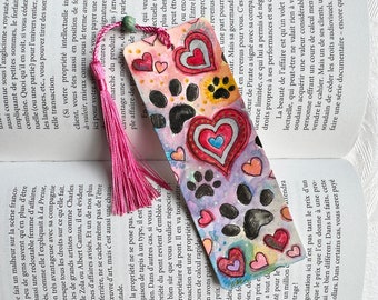 Hand painted watercolor bookmark, multicolored hearts and cat paws, Valentine's Day gift