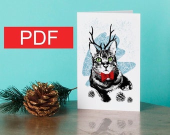 Printable Greeting Card for Cat Lover | Christmas card | Christmas tabby cat | cat greeting card | gift for her | gift for cat lovers