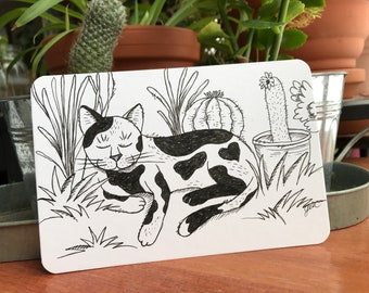 Hand illustrated postcard of cat lying near cactus | cute cat sleeping in plants | gift for cat lover