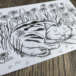 Carte postale illustrée à la main | chat couché dans les fleurs | chat mignon qui dort dans les plantes | cadeau pour amoureux de chats