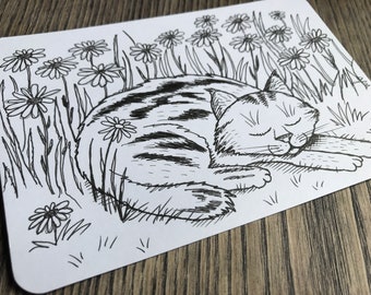 Hand illustrated postcard | cat lying in flowers | cute cat sleeping in plants | gift for cat lover | cat mom | cat daddy