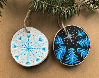 Hand Painted Wood slice Christmas Ornaments | snowflake | wood slice art | blue white | blue fir trees | holy night