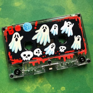 Halloween painted cassette, ghosts and skulls | full moon | spooky cassette aesthetic | bats and spiders | Vintage Music Cassette | recycled