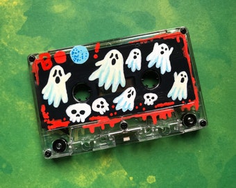 Halloween painted cassette, ghosts and skulls | full moon | spooky cassette aesthetic | bats and spiders | Vintage Music Cassette | recycled