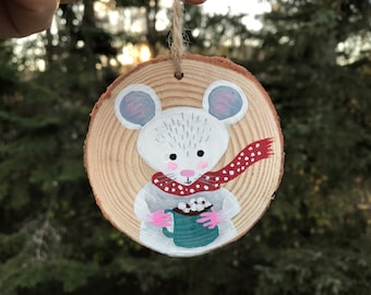 Hand Painted Wooden Christmas Ornaments | white mouse and hot chocolate | cute little mouse | white christmas mouse | cozy hot beverage