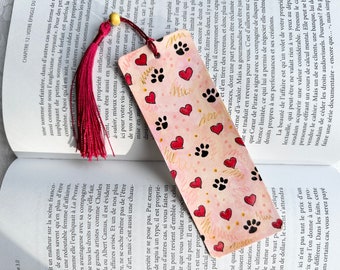 Hand painted watercolor bookmark, hearts and cat paws on a pink background, Valentine's Day gift