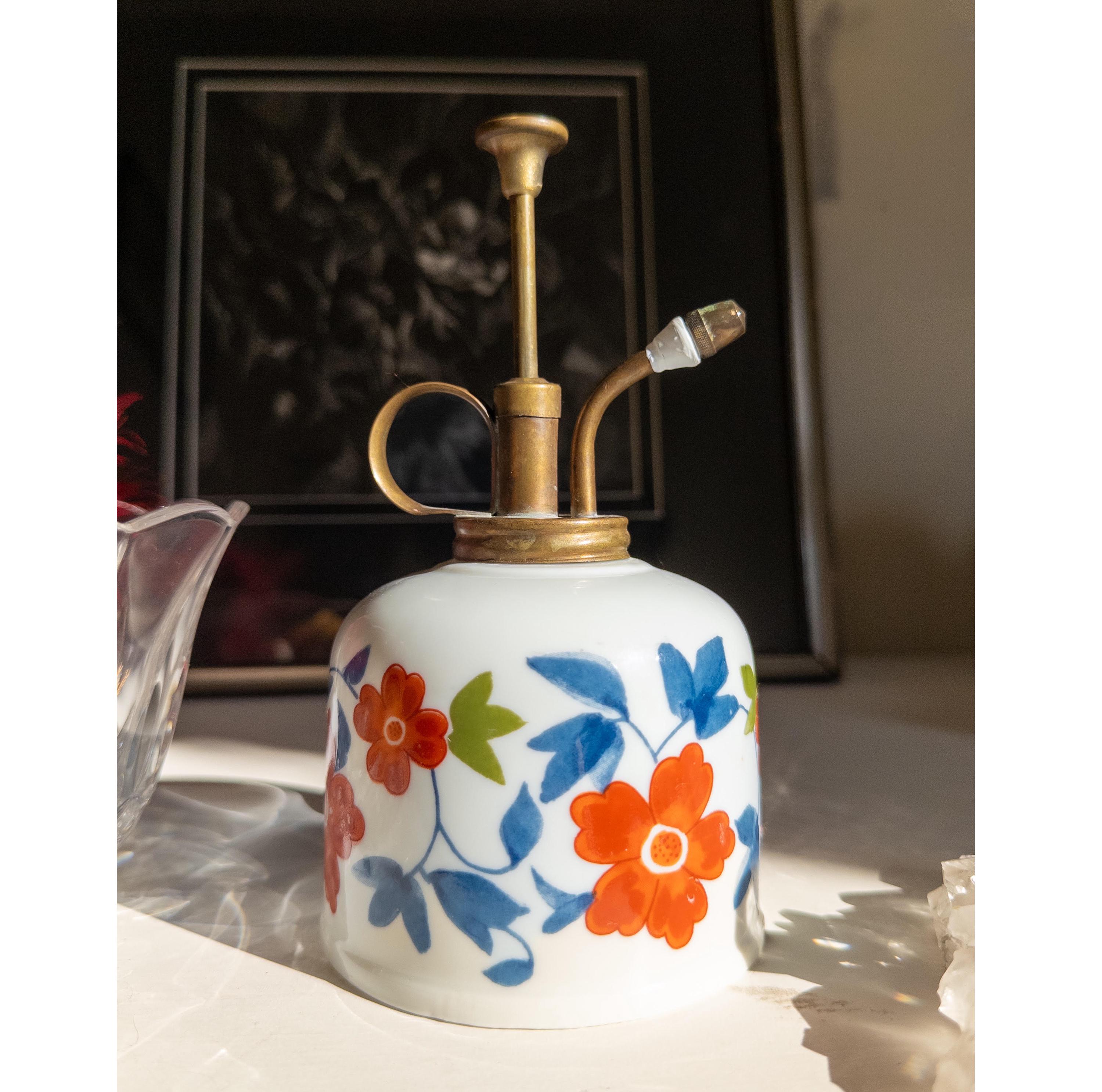 Vintage Floral Milk Glass Plant Mister, Brass Handle, Made in
