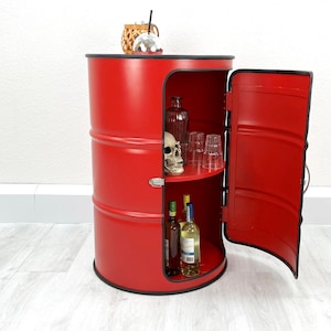 Oil barrel home bar &quot;Jules&quot; - Barrel cabinet 200l - Bar cabinet made of metal barrel - Metal cabinet with door & latch - Upcycling oil barrel furniture bar minibar