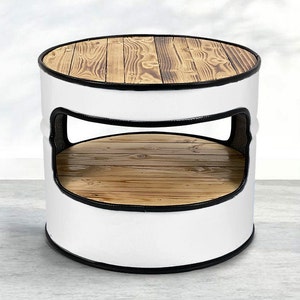 Coffee table round - oil drum furniture - side table white - metal oil barrel table black - living room table - wood vintage - bedside table