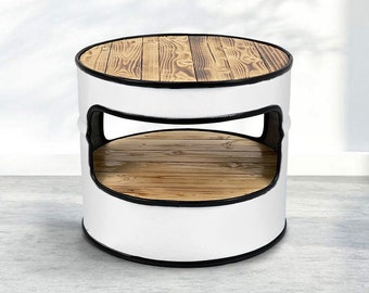Table basse ronde - meuble tonneau à pétrole - table d'appoint blanc - table tonneau à huile en métal noir - table de salon bois vintage - meuble tonneau à pétrole - table de chevet
