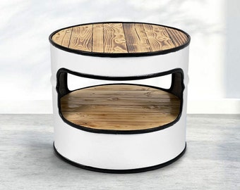 Coffee table round - oil drum furniture - side table white - metal oil barrel table black - living room table - wood vintage - bedside table