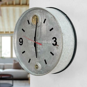 Wall clock metal &quot;Foxy&quot; - oil barrel clock large - wall clock silver modern - oil drum furniture - train station clock - barrel furniture