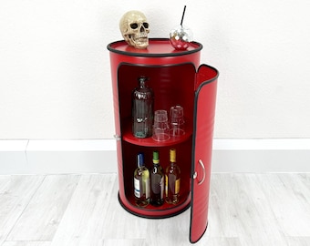 Oil barrel cabinet "Vinc" - the barrel home bar - mini bar made of steel barrel - barrel cabinet with door and latch - upcycling oil barrel furniture from Tons of Tumult