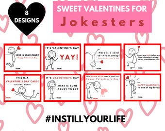 Pode incluir: Oito cartões de Dia dos Namorados imprimíveis com figuras de palitos e mensagens engraçadas. Os cartões são vermelhos com bordas brancas e têm o texto "Sweet Valentines for Jokester's" no topo.