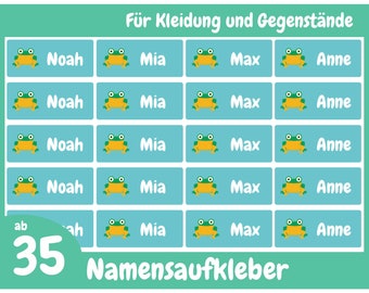 Namensaufkleber Frosch für Kleidung und Gegenstände 30x13 mm, personalisierbare und wasserfeste Klebeetiketten für Kinder, Schule