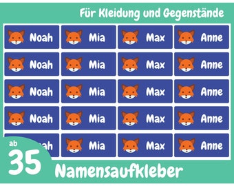 Namensaufkleber Fuchs für Kleidung und Gegenstände 30x13 mm, personalisierbare und wasserfeste Namensetiketten