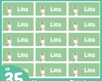 May include: Thirty-five green and white name labels featuring a unicorn illustration and the name "Lina" printed on each label. The labels are designed for clothing and objects.