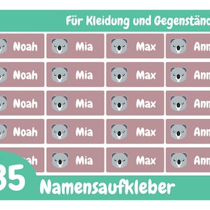 Namensaufkleber Koala für Kleidung und Gegenstände, personalisierbare und wasserfeste Klebeetiketten für Kinder, Schule und Kindergarten
