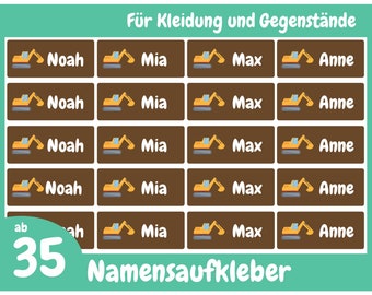 Namensaufkleber Bagger für Kleidung und Gegenstände 30x13 mm, personalisierbare Etiketten für Kinder, Schule und Kindergarten