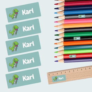 Pegatinas con nombres de dinosaurios para bolígrafos, tijeras, material escolar 30 x 13 mm, etiquetas personalizables e impermeables con nombres para niños de guardería