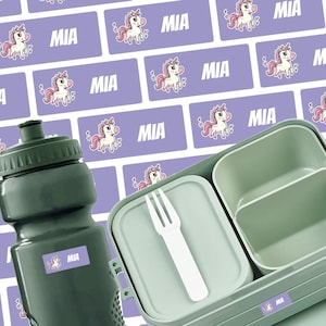 名前ステッカー ユニコーン - お弁当とアイテム、子供、学校、幼稚園向けのカスタマイズ可能な防水粘着ラベル