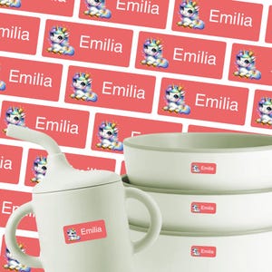 Namensaufkleber Einhorn - Becher und Gegenstände, personalisierbare und wasserfeste Klebeetiketten für Kinder, Schule und Kindergarten