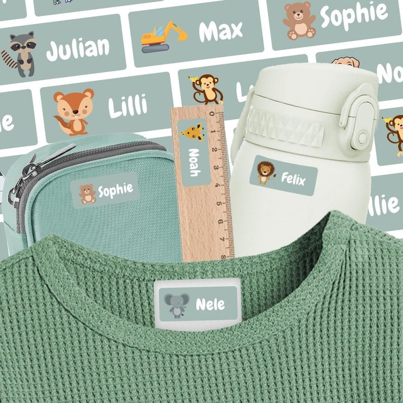 Pegatinas de nombres para ropa y objetos 30 x 13 mm, etiquetas adhesivas personalizables e impermeables para niños, colegio y guardería imagen 1