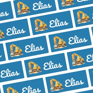 Escavadeira autocolante com nome para roupa e lancheira 30 x 13 mm, etiquetas personalizáveis para crianças, escola e jardim de infância