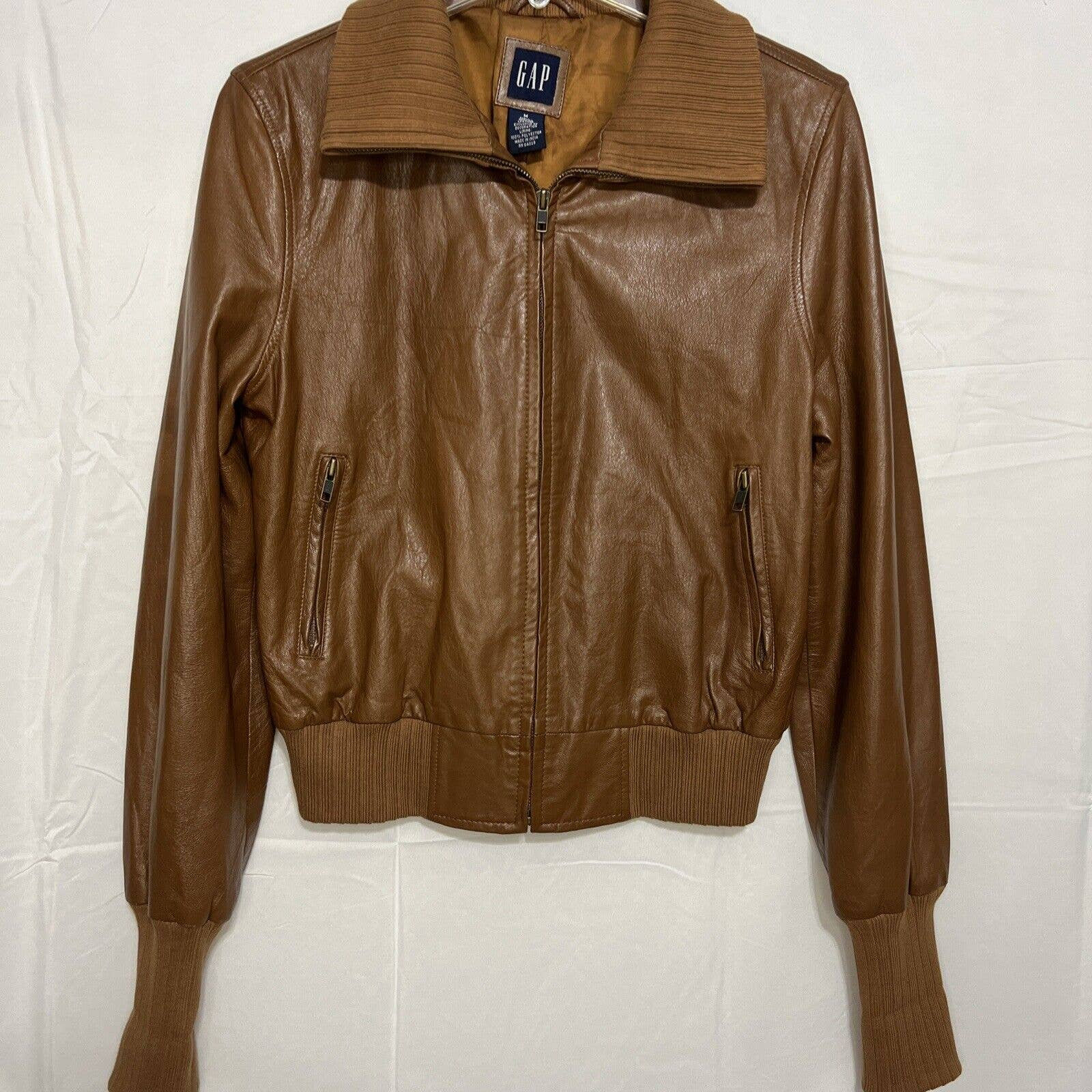 Women s GAP Leather Jacket Size M Brown Genuine Zip up Etsy