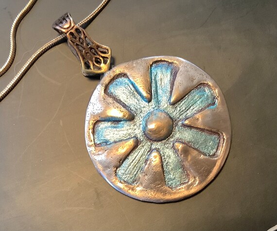 AC11. Bronze pendant, handmade, African Icon of symbol for wisdom and creativity, bronze chain, jewelers dye
