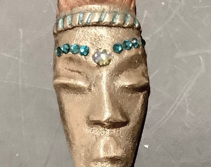 AC3. Bronze head of African Queen. Handmade of sand bronze, chain is 18” also in bronze, opal, Swarovski Crystals