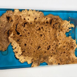 Rectangular blue resin and burl wood charcuterie/cheese board