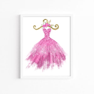 Girls Pink Glitter Party Dress Wall Art, Nursery Glitter Party Dress Wall Print, Digital Party Dress Wall Print