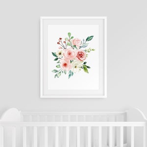 Pink Floral Bouquet Wall Print, Floral Nursery Wall Art, Digital Floral Wall Print, 3 Sizes Included, 8x10, 11x14, 16x20