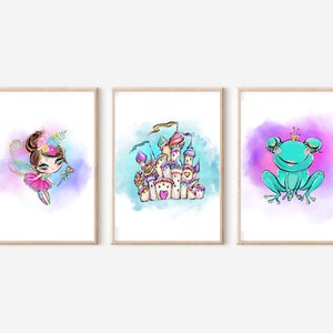 Fairy Princess Wall Art, Fairy Princess With Castle And Frog Prince Wall Art, Nursery Wall Art, Digital Fairy Princess Print
